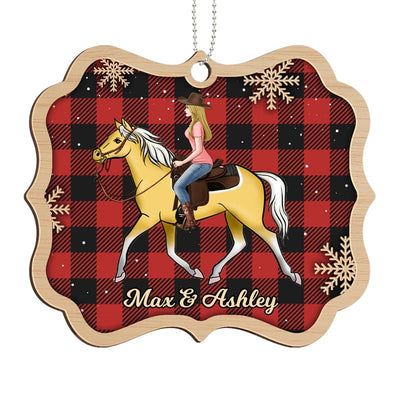 Girl Riding Horse Checkered Personalized Wooden Ornament