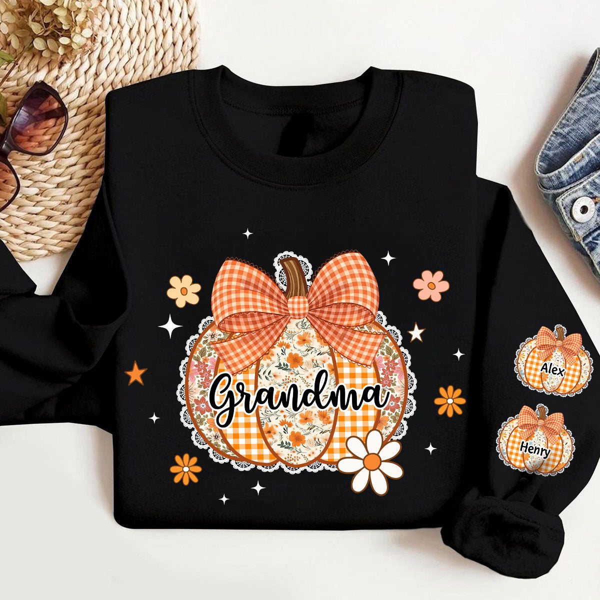Fall Season Lace Pattern Grandma Pumpkins Personalized Sleeve Printed Sweatshirt