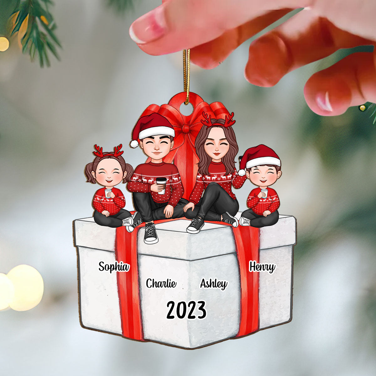 Cute Family Sitting On Christmas Gift Personalized Wooden Ornament