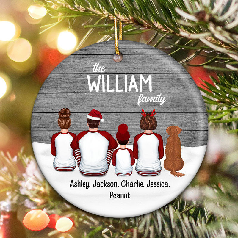 Family Sitting With Dogs Cats Snow Wood Personalized Circle Ornament