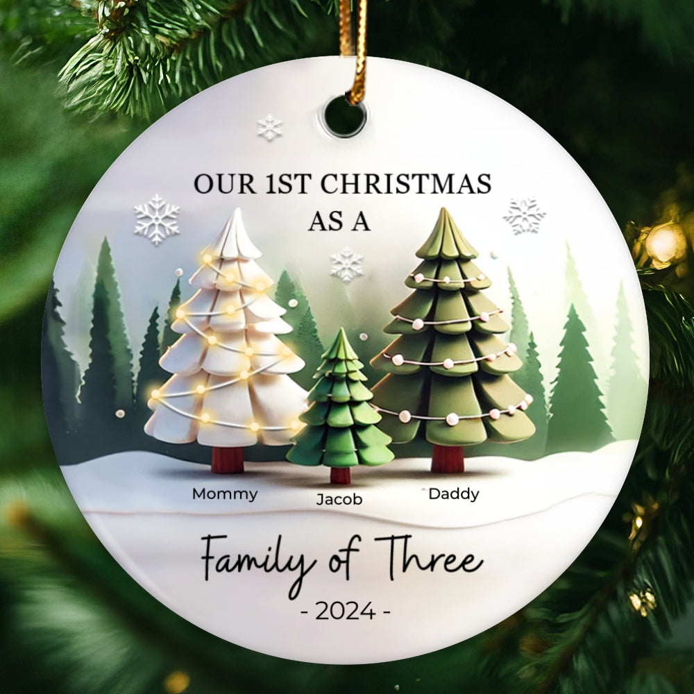 First Christmas As A Family Of 3, 3D Effect Personalized Ceramic Ornament, Christmas Gift For Newborn, New Mom, New Dad