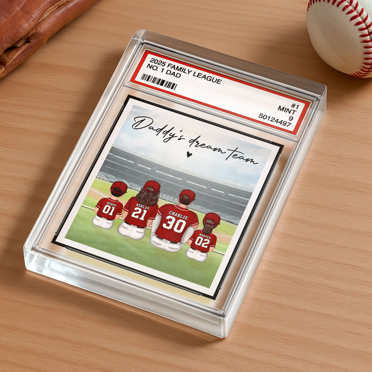 Baseball No. 1 Dad Man & Kids Sitting Trading Card Style - Personalized Acrylic Block Plaque