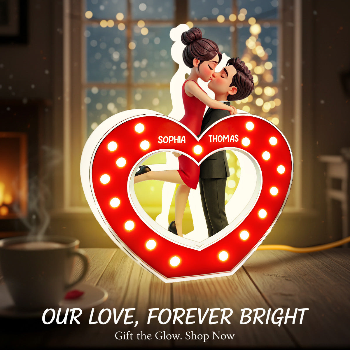 Eternal Heart LOVE Couple Hugging Kissing - Personalized Light Box - Valentine's Day Gift For Couple, For Him, For Her