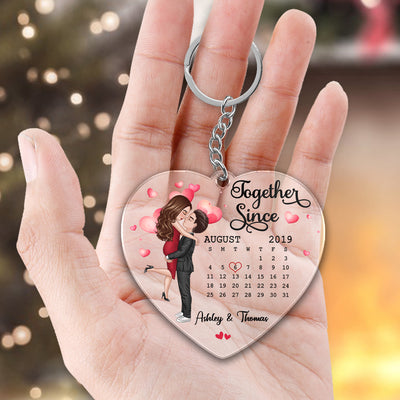 Doll Couple Hugging Kissing Together Since Anniversary Date Calendar Personalized Heart Acrylic Keychain - Gift For Couple - Gift For Him, Gift For Her