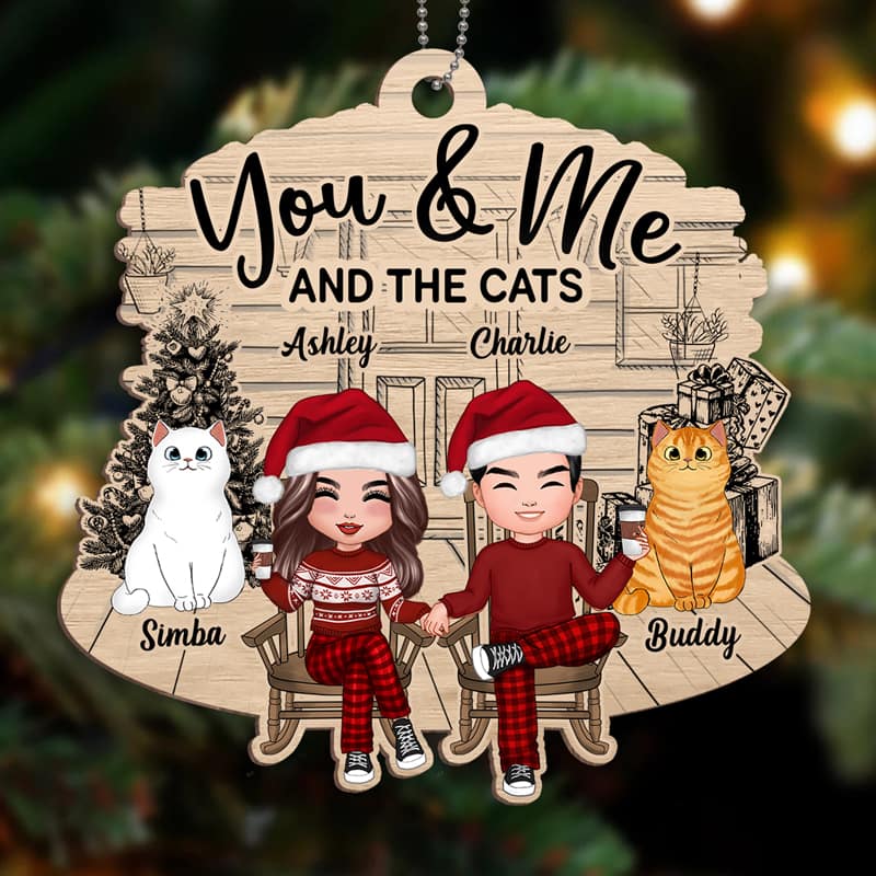 Couple And Fluffy Cats Front Porch Personalized Christmas Wooden Ornament