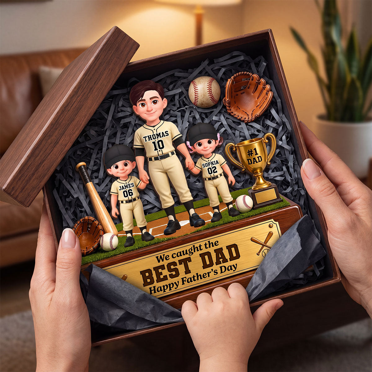 Baseball We Caught The Best Dad - Personalized 2-Layered Wooden Plaque - Father's Day Gift For Dad