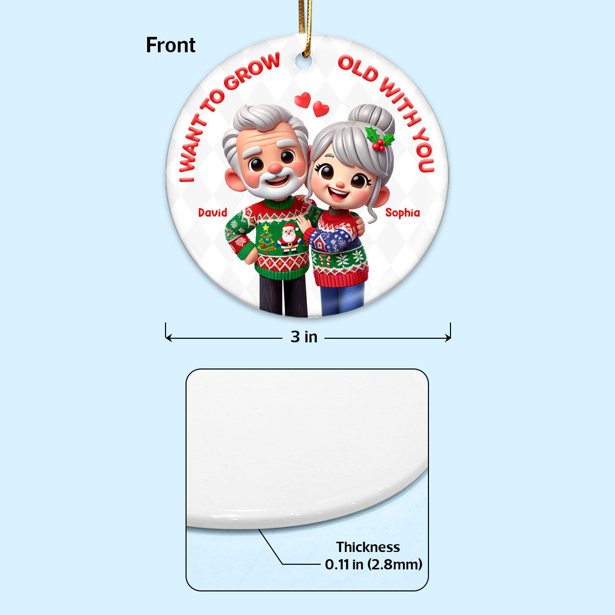 Funny Cartoon Couple I Want To Grow Old With You Christmas Personalized Ceramic Ornament