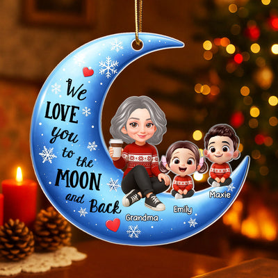 Cute Grandma Grandkids Sitting on Moon Personalized Acrylic Ornament, Christmas Gift for Grandma, Granddaughter, Grandson