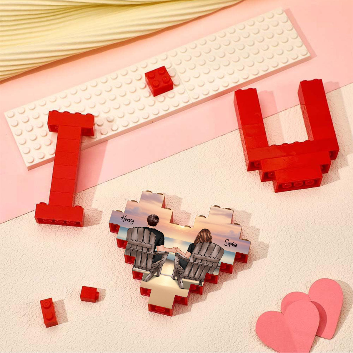 Personalized Building Blocks Puzzle, Couple Sitting At Beach, I Love You Block Puzzle, Birthday, Anniversary Gifts for Her & for Him