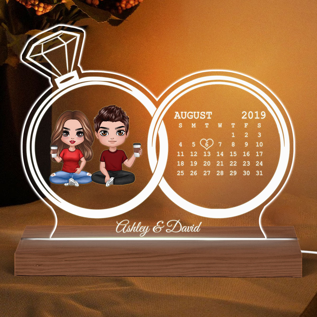 Doll Couple Sitting Anniversary Date Calendar Rings Personalized Custom Shape Acrylic Plaque With LED Night Light