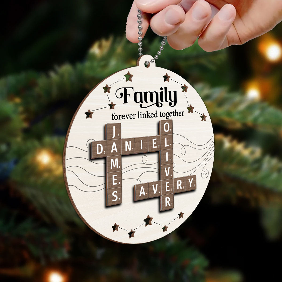 Family Forever Linked Together Puzzle Crossword Personalized 2-Layer Wooden Ornament, Christmas Gift For Family