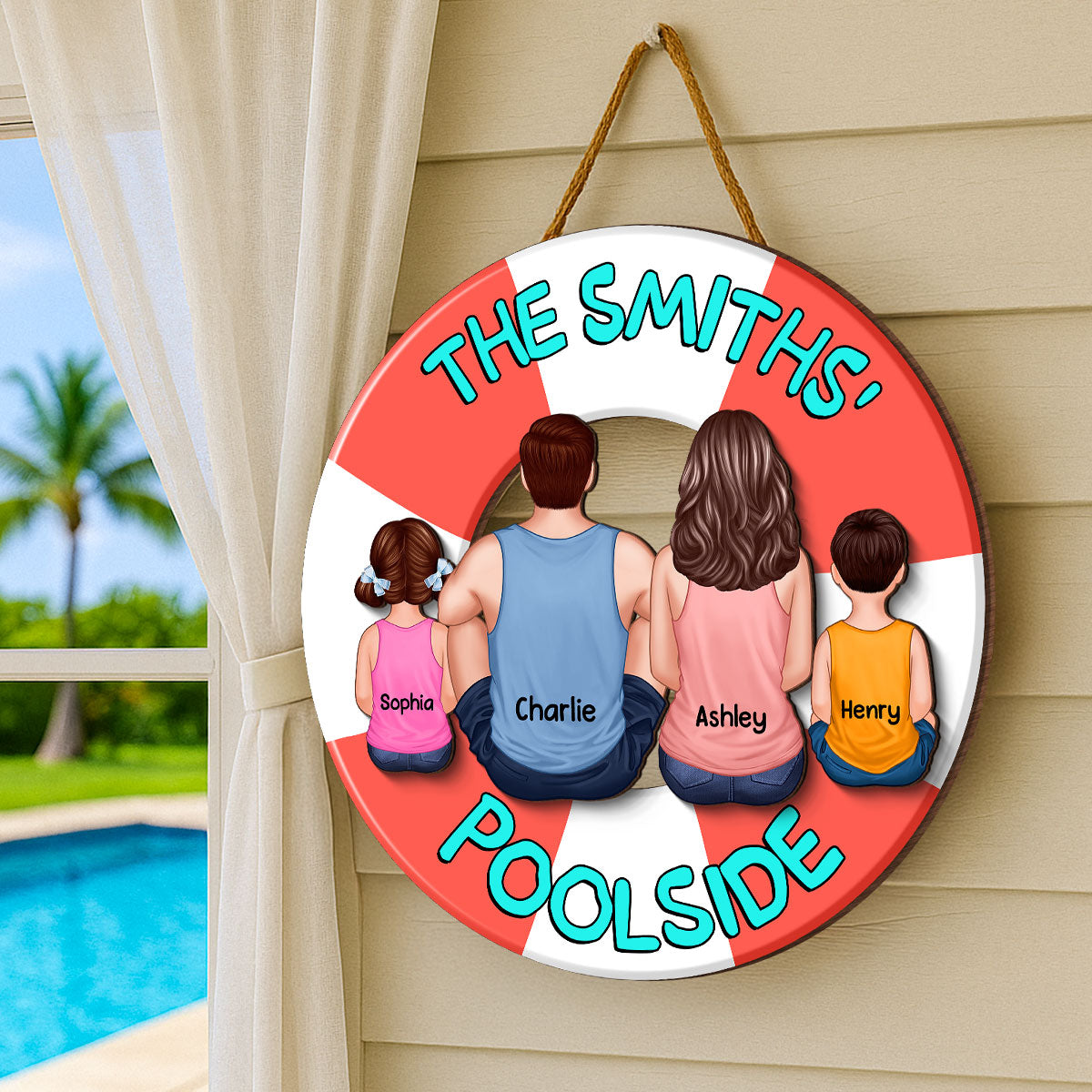 Family Sitting Back View Poolside Swimming Float Personalized 2-Layer Wood Sign