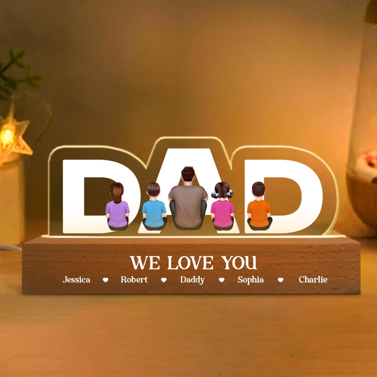 DAD Family Sitting Back View Personalized Acrylic LED Night Light, Father's Day Gift For Dad, Gift For Husband