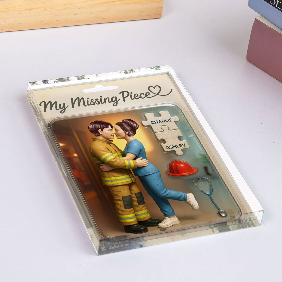 My Missing Piece Firefighter Nurse Couple Personalized Acrylic Block Plaque, Gift for Him, Gift for Her