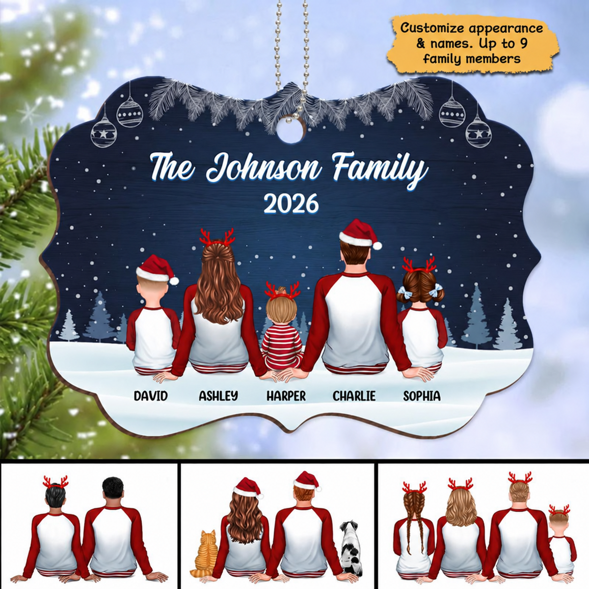 Christmas Night Pajamas Family Sitting Personalized Wooden Ornament