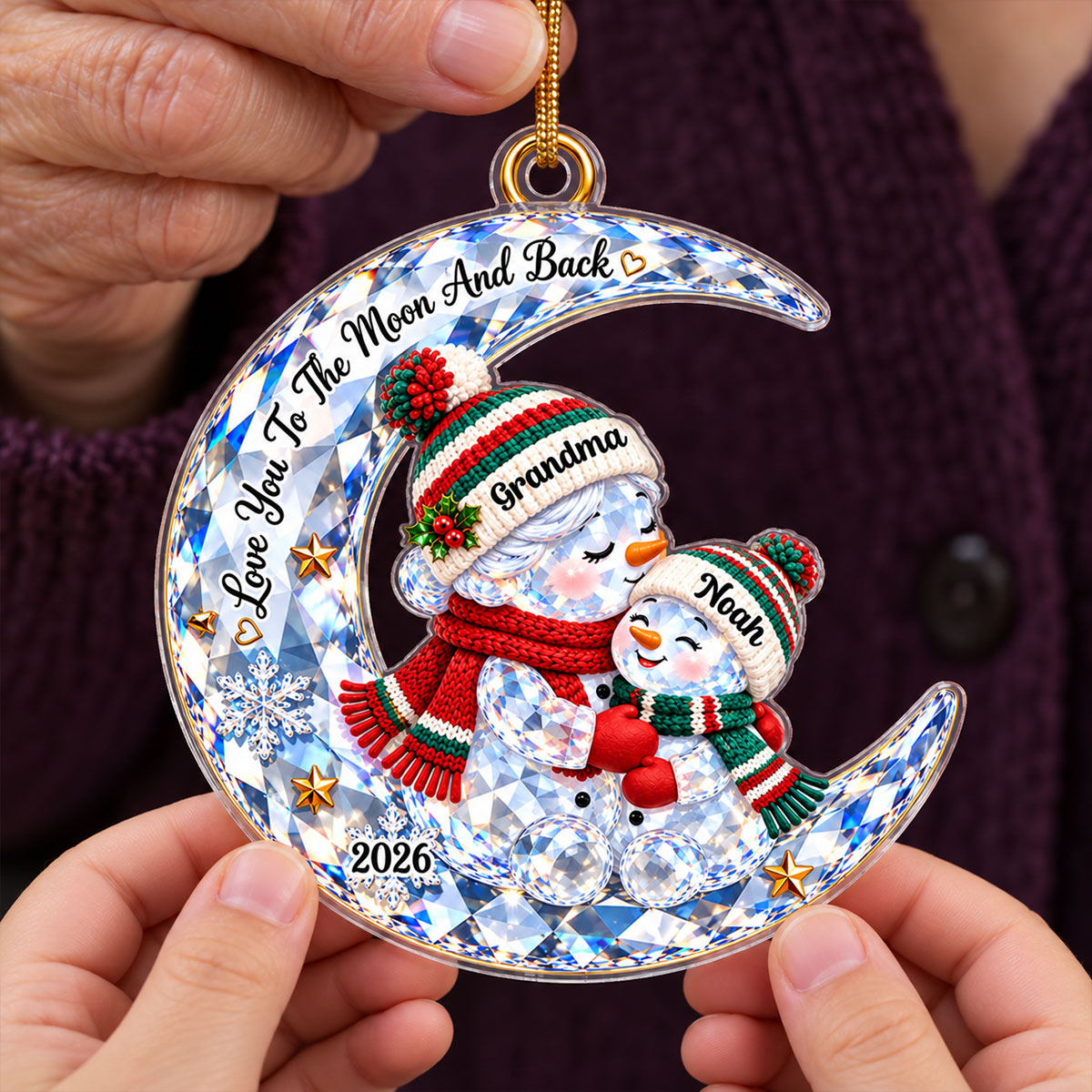 Grandma Grandkid Snowman On Moon Shiny Effect 2D Flat Printed - Personalized Acrylic Ornament - Christmas Gift For Grandkid, Grandson, Granddaughter