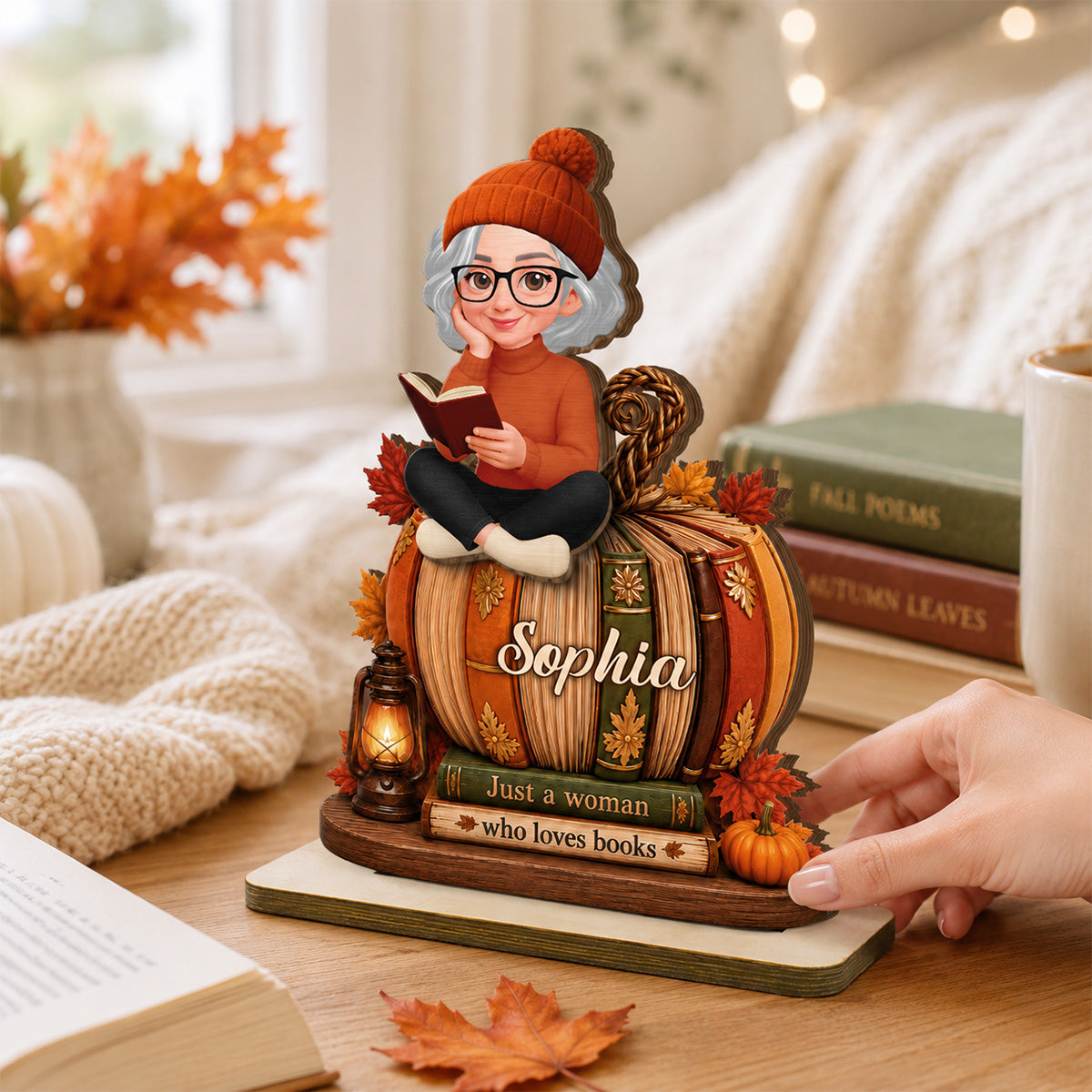 Girl Reading Book On Fall Book Pumpkin 2D Flat - Personalized 2-Layered Wooden Plaque - Fall Season Decor For Book Lover