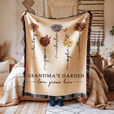 Beautiful Vintage Birth Month Flowers Grandma's Garden Personalized Tapestry Woven Blanket, Gift For Grandma