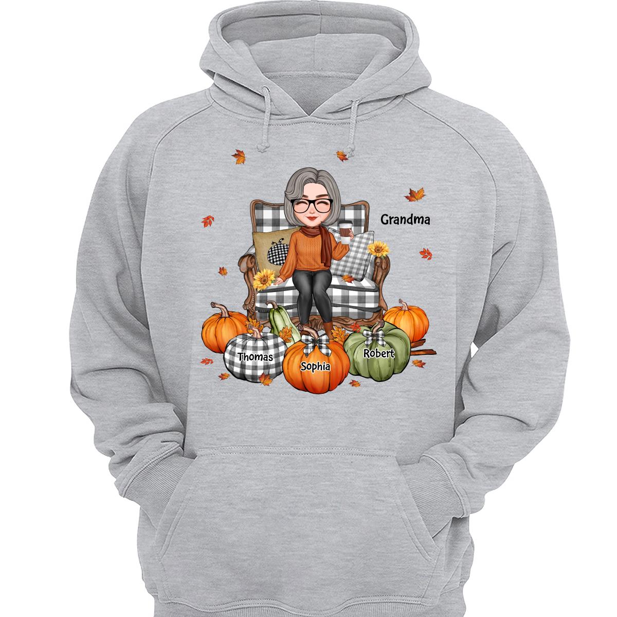 Cute Grandma Mom Sitting On Chair Fall Season Personalized Shirt