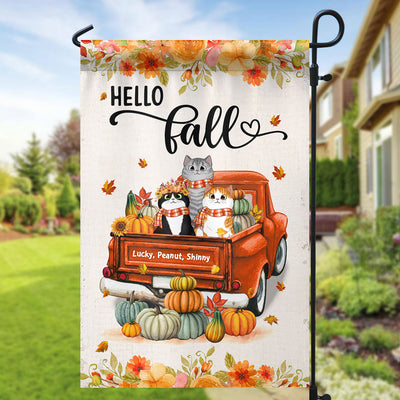 Hello Fall Cats On Truck Personalized Garden Flag