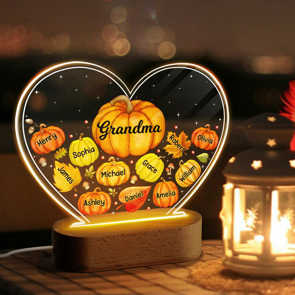 Grandma Mom Pumpkins Fall Leaves Personalized Heart Acrylic LED Night Light