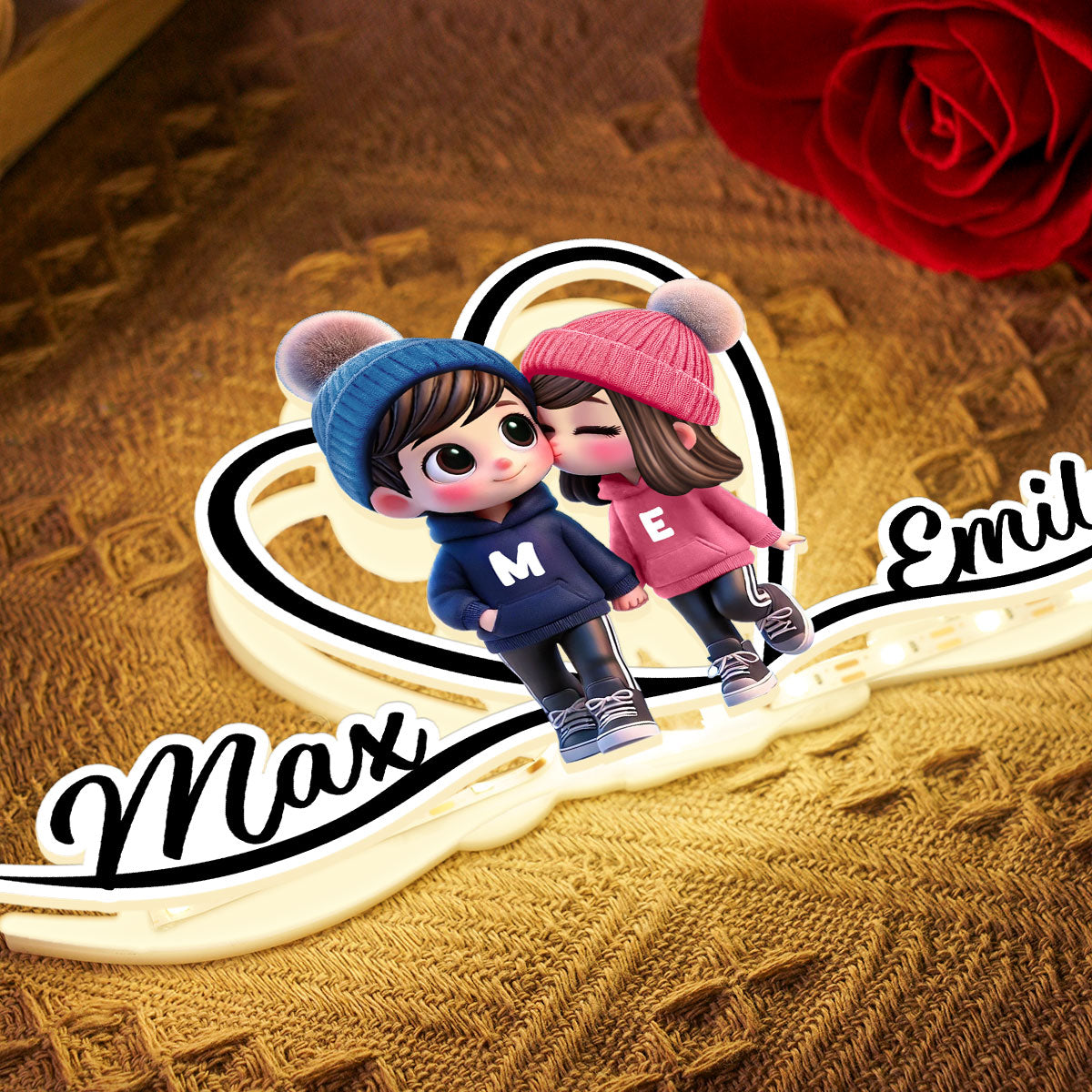 Cute Cartoon Couple Walking Heart Shape With Names Personalized Light Box, Anniversary Gift for Him for Her