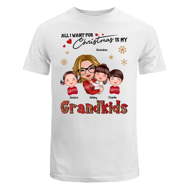 Leopard Christmas Doll Grandma Hugging Kid All I Want For Christmas Is My Grandkids Personalized Shirt