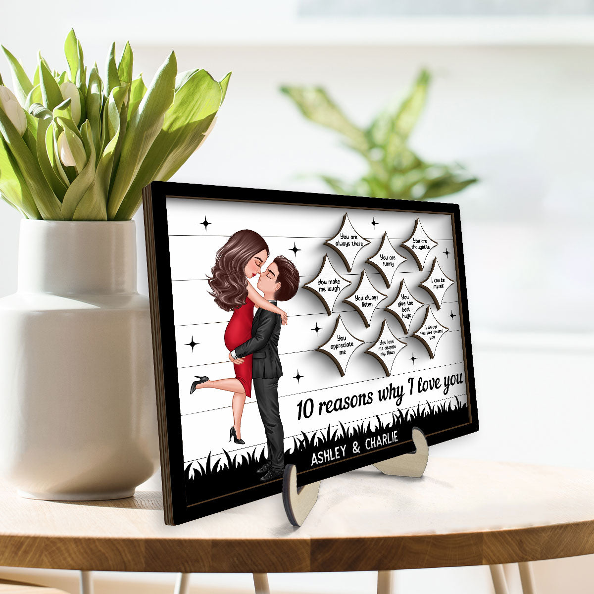 Couple Kissing Star Sky Reasons I Love You Personalized 2-layer Wooden Plaque