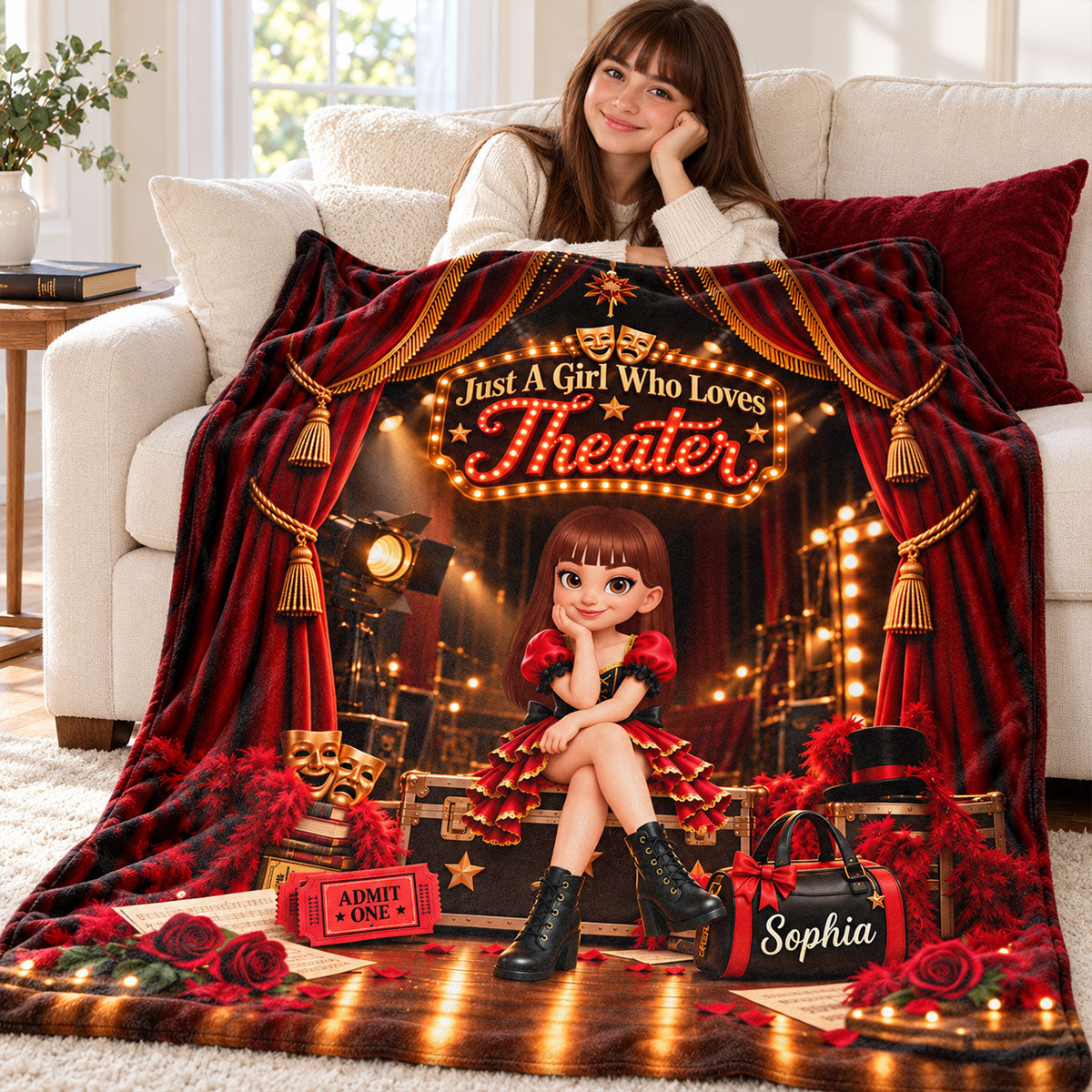 Just a Girl Who Loves Theater - Personalized Fleece Blanket - Christmas Gift for Daughter, Granddaughter