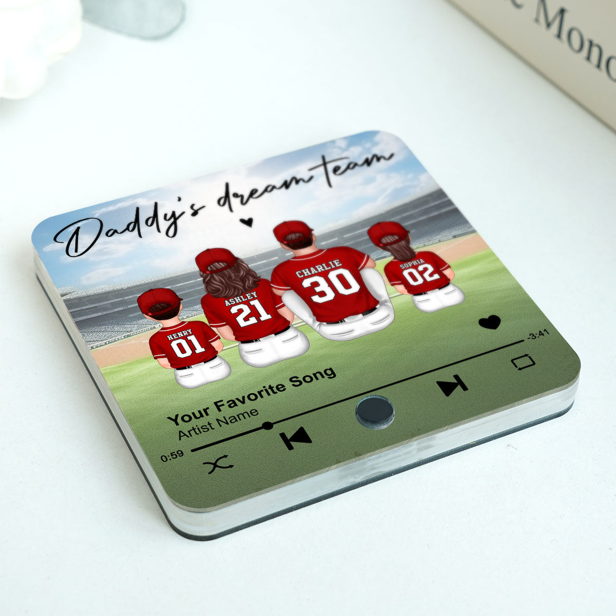 Daddy's Team Baseball Family Sitting Personalized Personalized Music Fridge Magnet, Heartfelt Gift For Dad