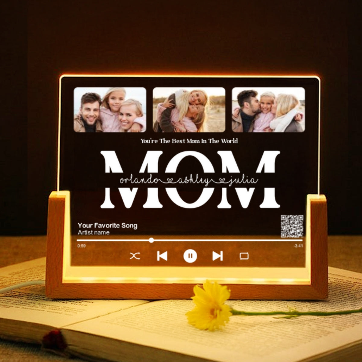 Customize with a Song That Speaks Your Heart, Personalized Photo LED Night Light, Gift for Mom, Scannable QR Code