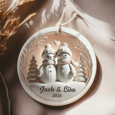 Snowman Couple White Christmas Ceramic Ornament, Personalized Couple 3D Effect Ornament, Christmas Gift For Married Engaged Couples, For Couples