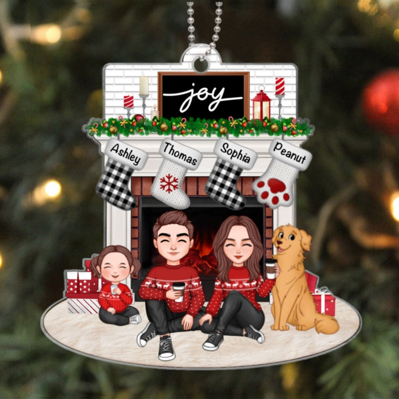 Cute Family Dad Mom Kids Dogs Cats Sitting At Christmas Fireplace Personalized Acrylic Ornament