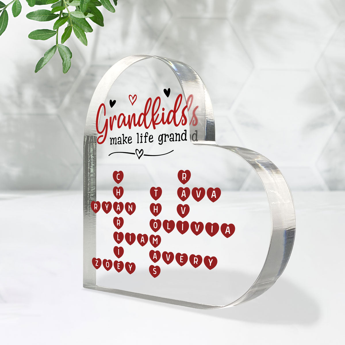 Grandkids Make Life Grand Heartfelt Crossword Puzzle Art Gift For Grandma Personalized Heart Acrylic Block Plaque