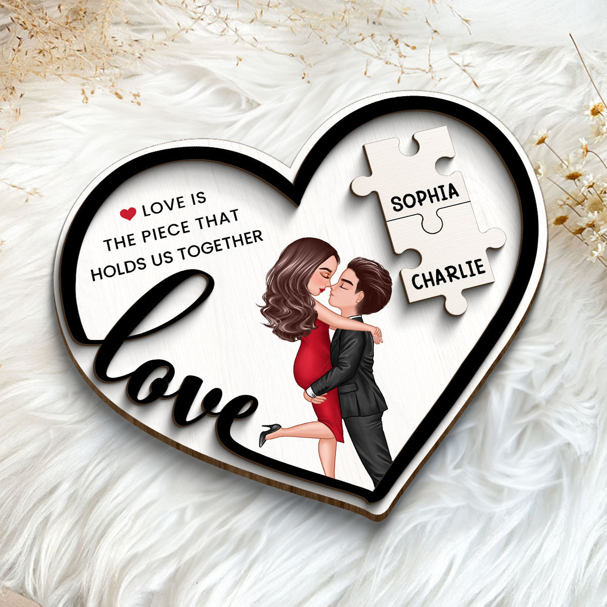 Love Piece Holds Us Together Couple Kissing Personalized 2-layer Wooden Plaque, Valentine‘s Day Gift For Him, For Her