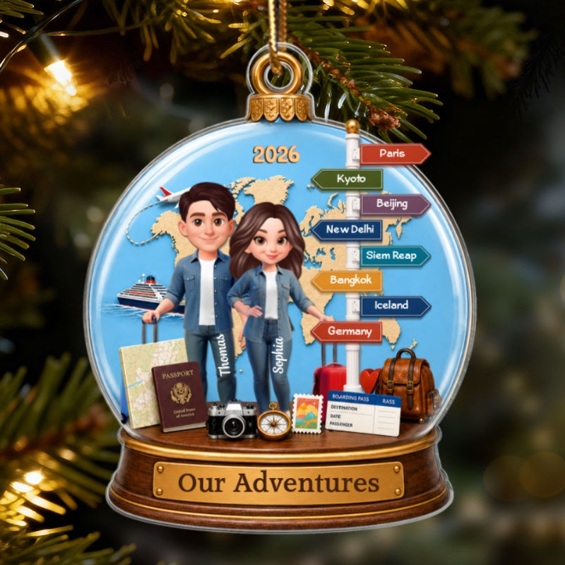 Couple Traveling Destination Travel Adventure 2D Flat - Personalized Acrylic Ornament - Christmas Keepsake, Couple Travelling Gifts