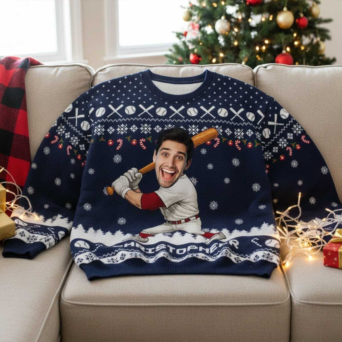 Baseball Player Custom Face Photo - Personalized Faux Knitting Ugly Sweater - Christmas Gift For Baseball Lover