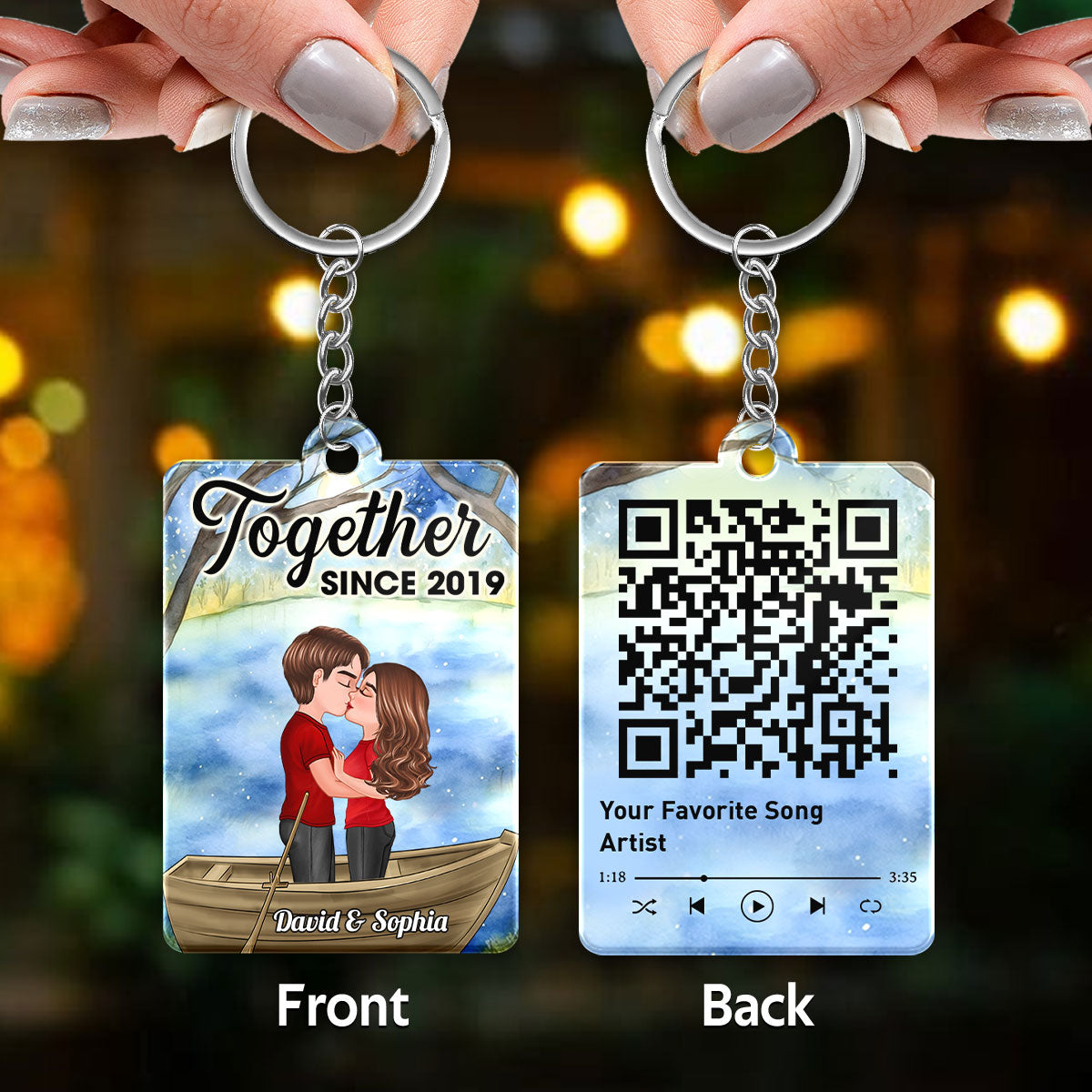 Doll Couple Kissing In Boat On Lake Favorite Song QR Code Personalized Acrylic Keychain