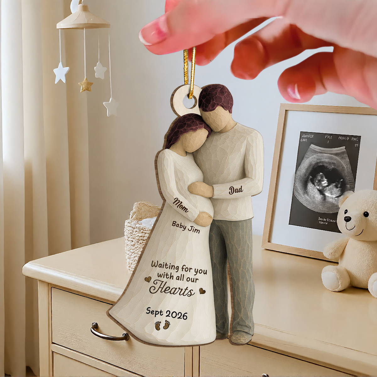 2D Flat Waiting For You With All Our Hearts Couple Expecting Baby - Personalized Wooden Ornament, Baby Shower Gift For Parents-to-be