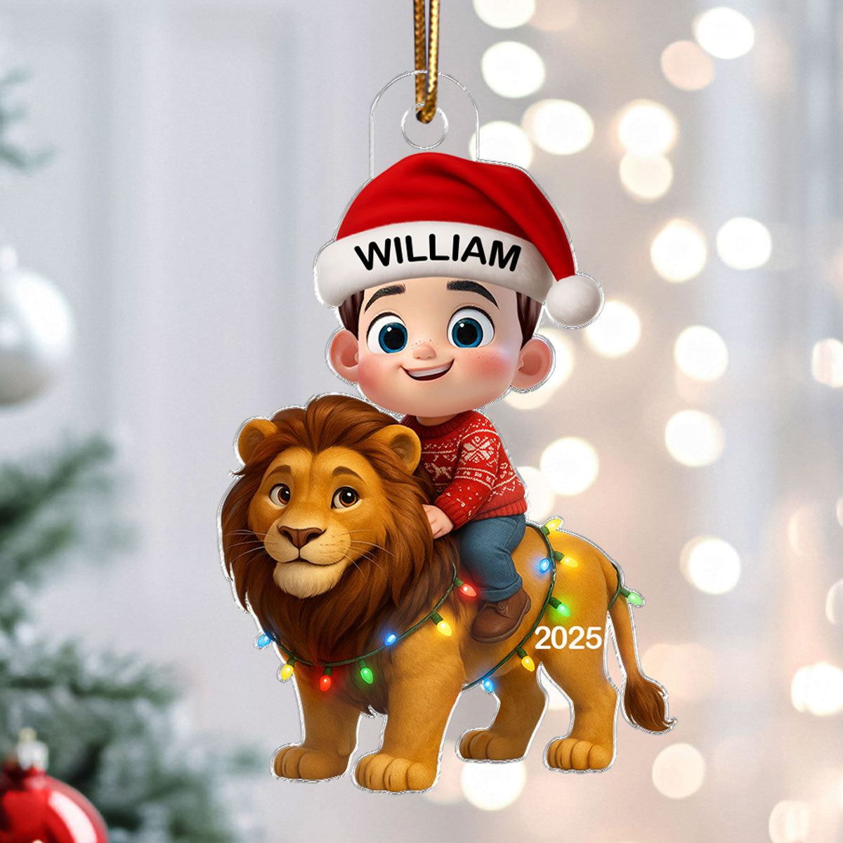 3D Effect Little Kid Jungle Safari Animals Lion Christmas Personalized Acrylic Ornament