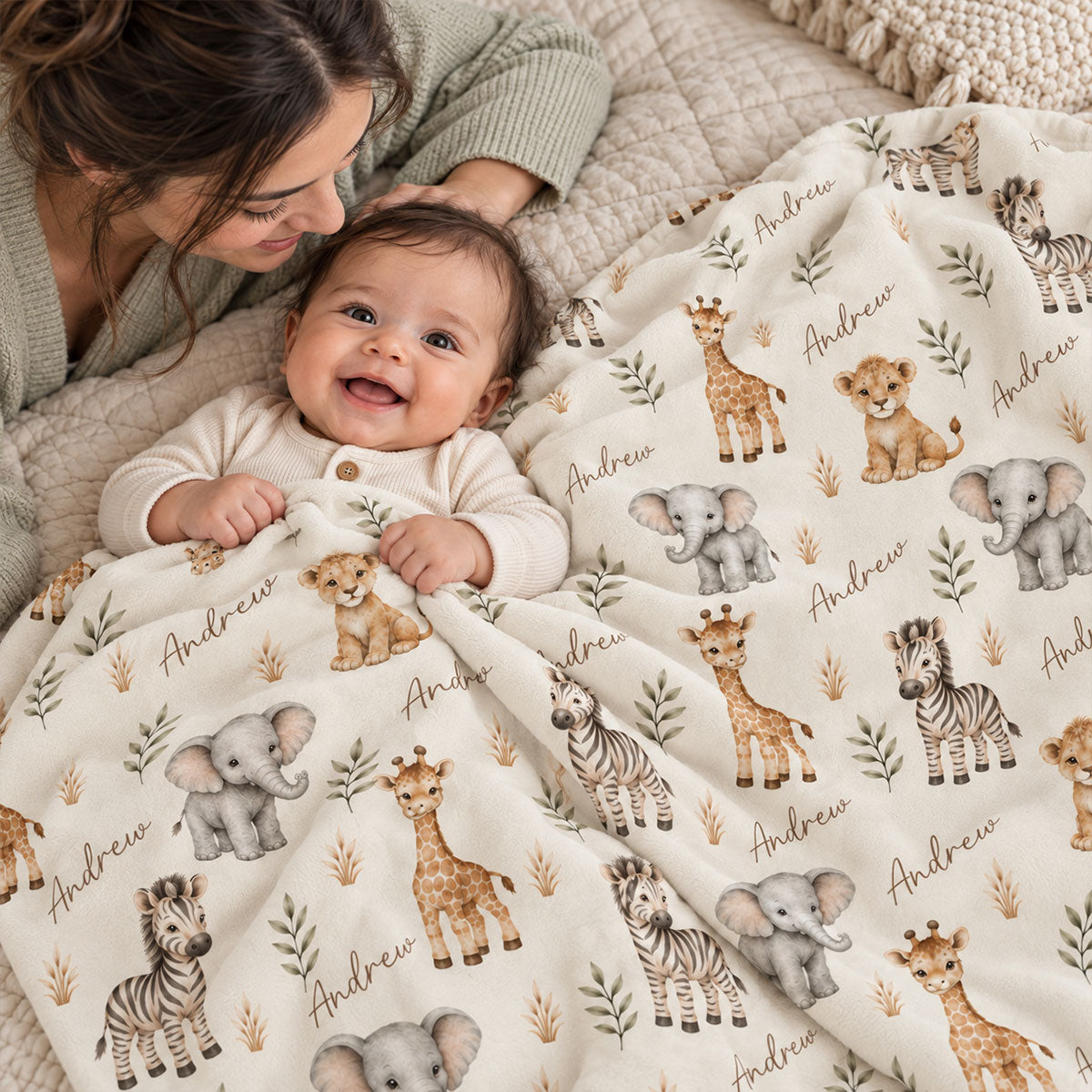 Safari Animal Print Custom Baby Name - Personalized Fleece Blanket - Nursery Jungle Animal Theme For Baby