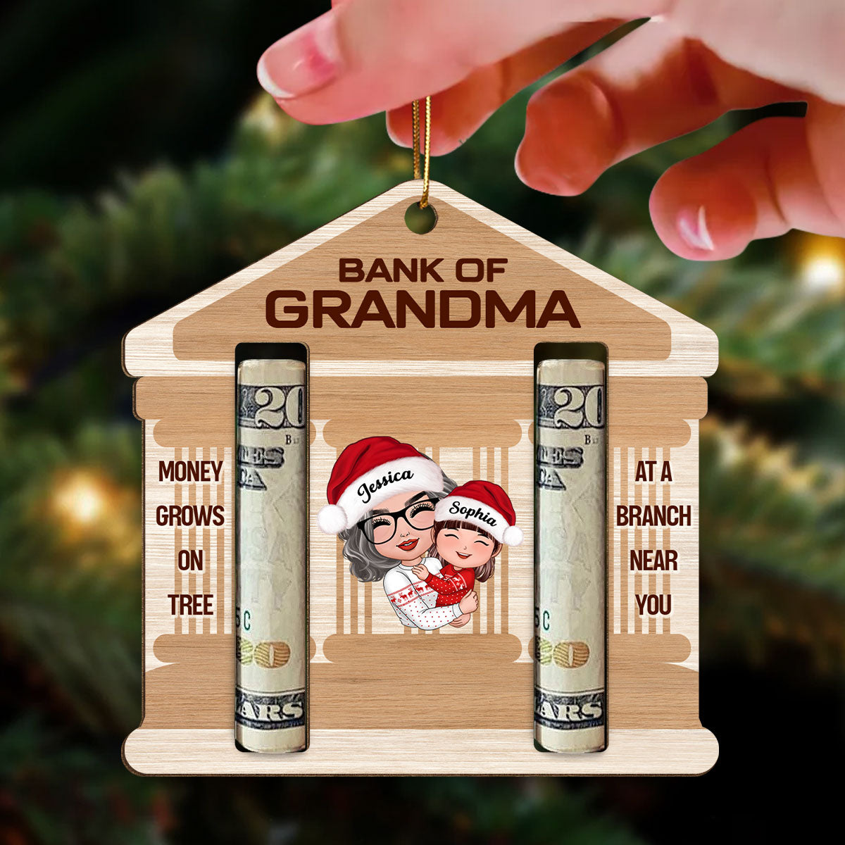 Bank Of Grandma Personalized Wooden Ornament, Christmas Money Holder For Kids