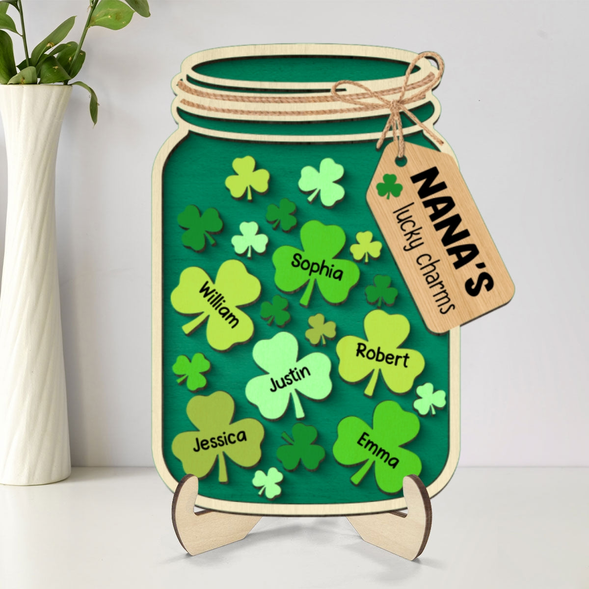 Grandma Mom Lucky Charm Jar St. Patrick's Day Personalized 2-layer Wooden Plaque
