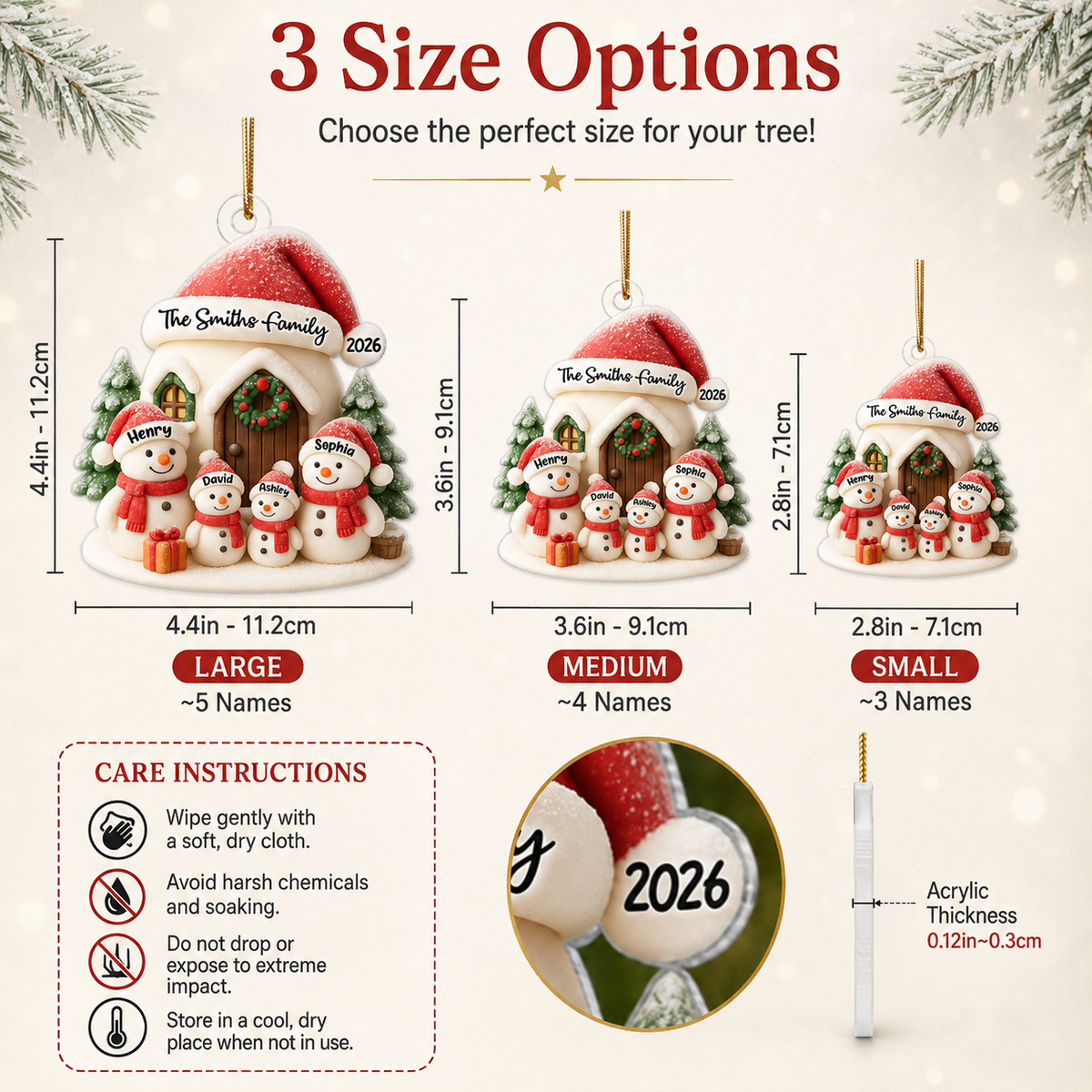 Personalized Snowman Family Acrylic 3D Ornament, Christmas Tree Decoration & Gift for Families