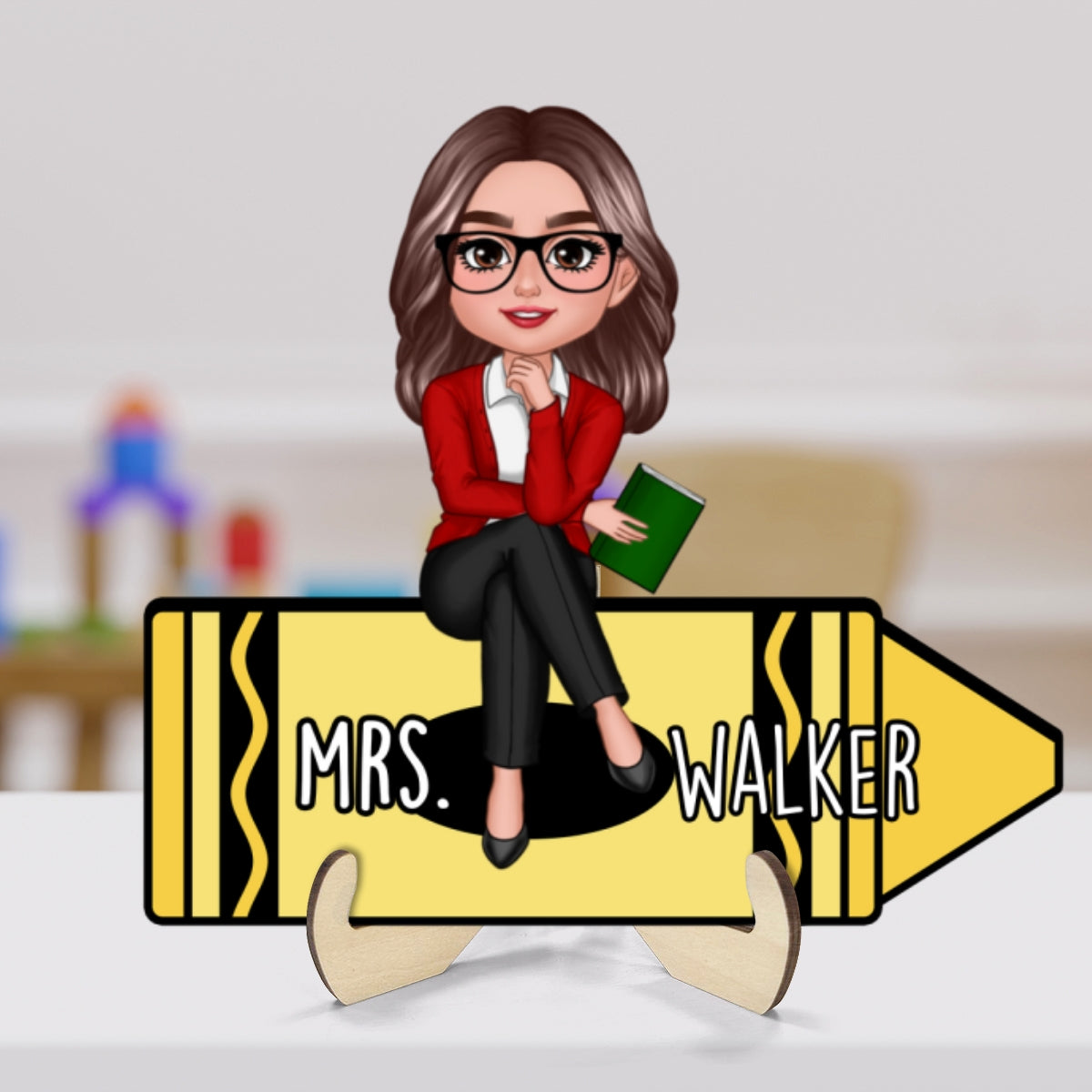 Doll Teacher Sitting On Crayon Personalized 2-Layer Wooden Plaque