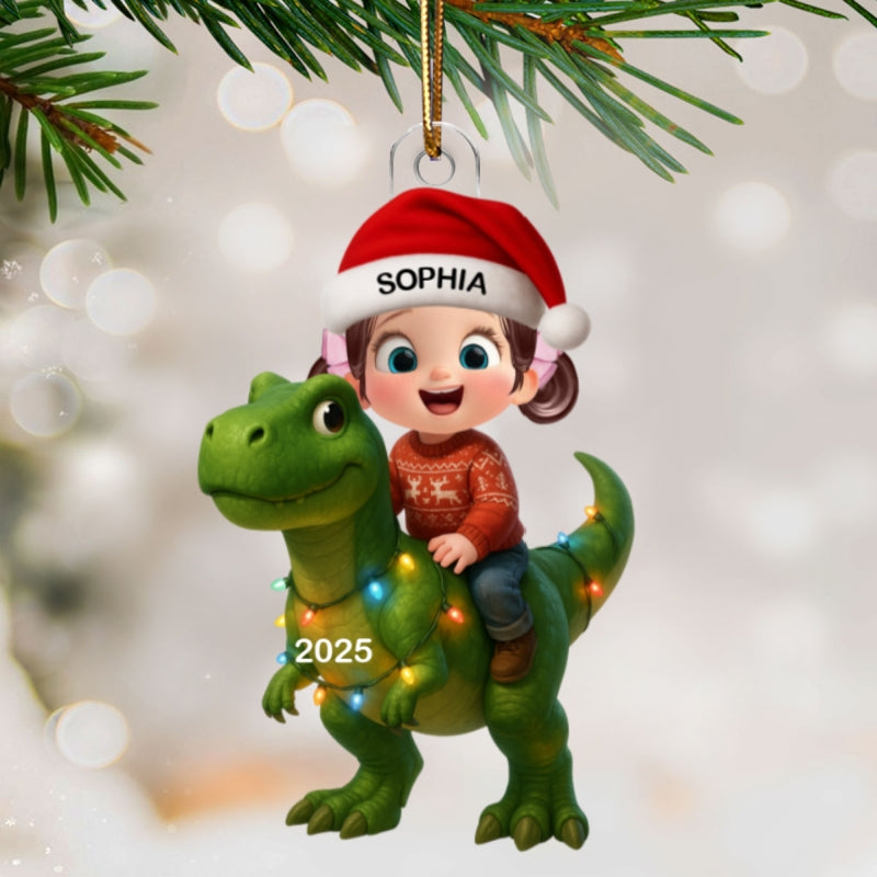 3D Effect Cute Little Girl Boy With Dinosaur Christmas - Personalized Acrylic Ornament - Gift For Kids, Grandkids, Fun & Unique