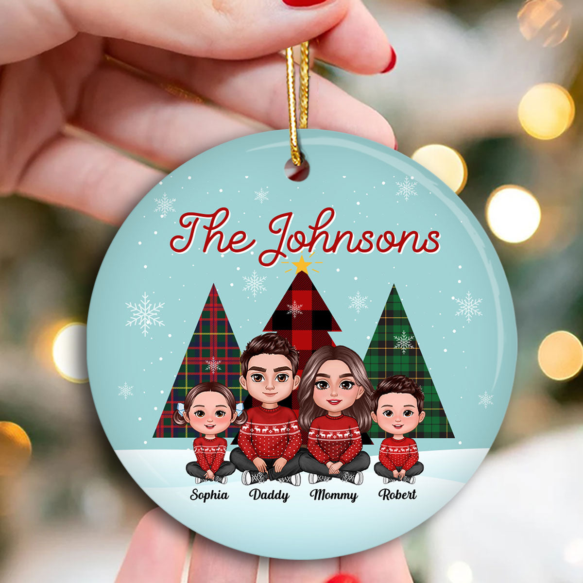 Let It Snow Family Sitting By Christmas Trees Personalized Ceramic Ornament