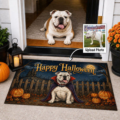 Vintage Dog Cat Halloween Night Photo Upload - Personalized Doormat - Halloween Gift For Dog Mom, Cat Mom