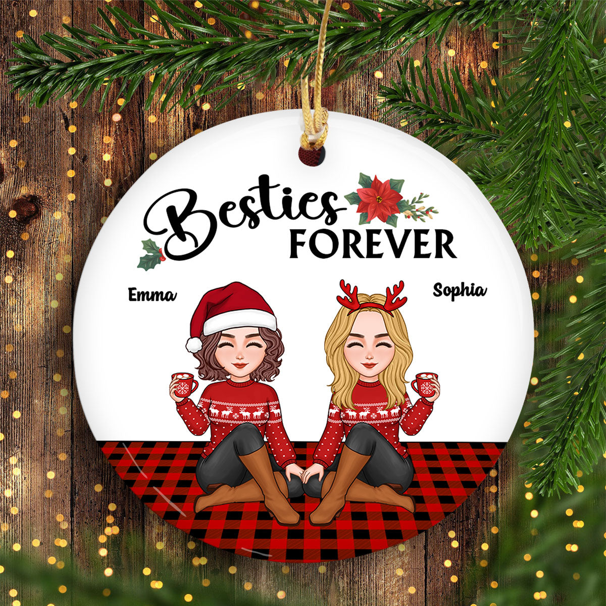Cute Besties Sitting On Checkered Carpet Christmas Personalized Circle Ornament