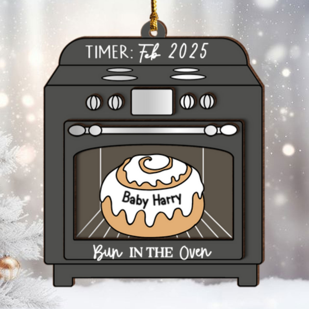 Bun In The Oven Pregnancy Announcement Expecting Baby Arriving Keepsake Christmas Personalized 3-Layer Wooden Ornament